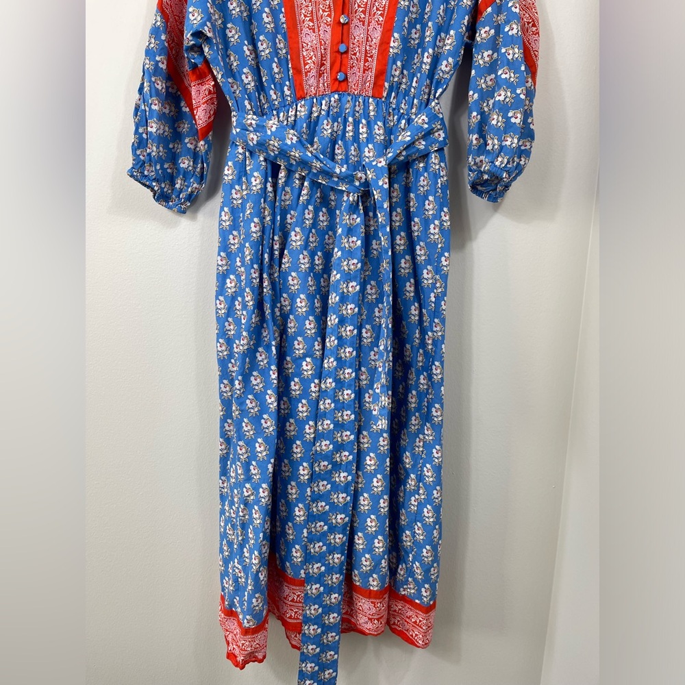 J. Crew V-Neck Cover-Up in Classic Block Blue and Red Floral Maxi Dress Vintage - Picture 6 of 16